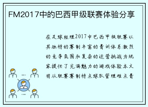 FM2017中的巴西甲级联赛体验分享